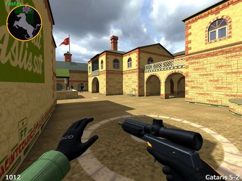 Counter Strike 1.6 gameplay screenshot showing classic de_dust2 map