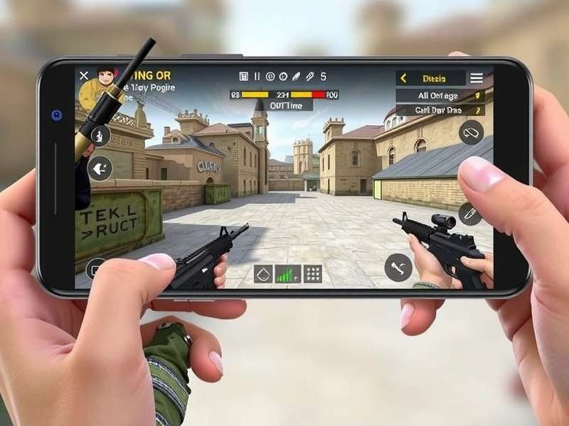 Gameplay screenshot of a Counter Strike style game on an Android phone showing a character holding an AK-47 on a Dust-like map