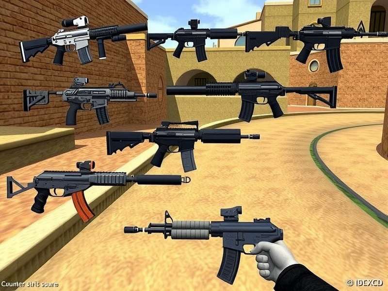 Collage of Counter-Strike: Source weapons including AK-47, M4A1, AWP, and Desert Eagle