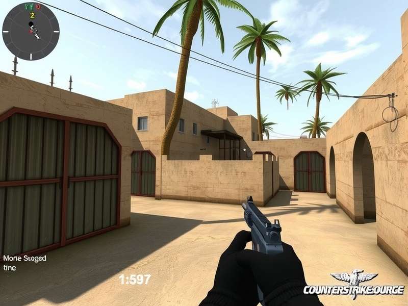 First-person view of a Counter-Strike: Source player holding an AK-47 in a dusty corridor
