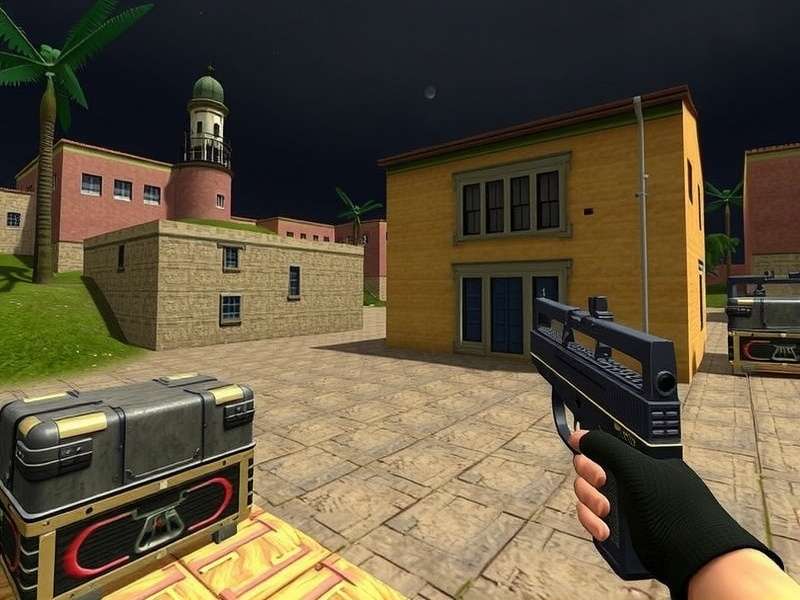 Counter Strike Source V34 gameplay screenshot showing remastered Dust II with 4K textures and dynamic lighting on an Indian server.
