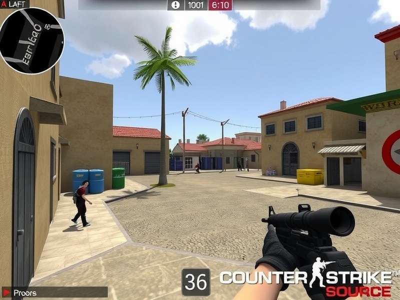 Counter Strike Source Gameplay screenshot showing de_dust2 AWP hold at long doors with classic Source HUD